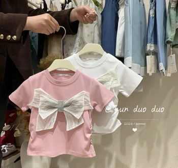 Girls T-shirt Kids Clothes 2024 Summer New Korean Leisure Cute Sweet Bow Short Sleeve T-shirt Cotton Solid O-neck Soft Comfort