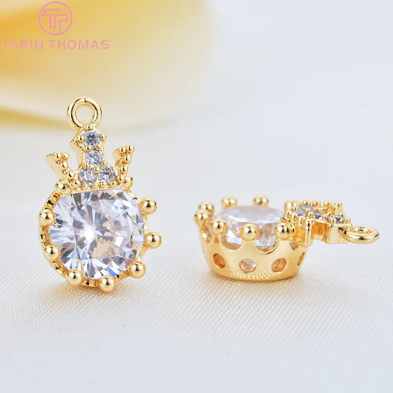 

(962)4PCS 12x8MM 24K Gold Color Plated Brass with Zircon Crown Charms Pendants High Quality DIY Jewelry Making Findings