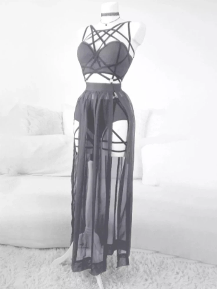 AltGoth Gothic Nightclub Sexy Skirt Set Women See Through Mesh Backless Crop Tops Emo Alt Punk High Waist Underpants Skirt 3pcs 5