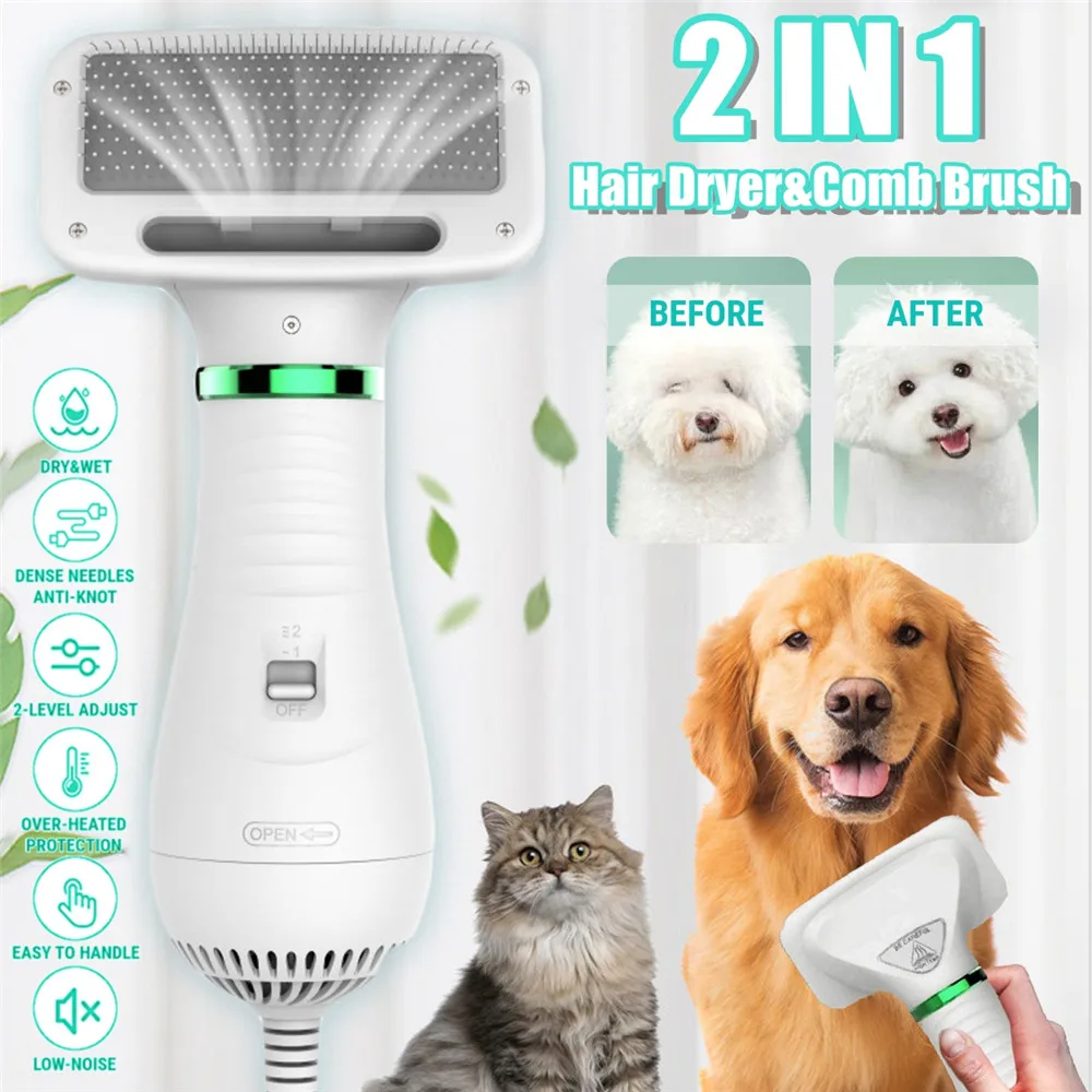 Secador de pelo para mascotas 2 en 1, cepillo secador de pelo para mascotas,  temperatura ajustable, eliminación de pelo de una tecla para perros y gatos  - AliExpress
