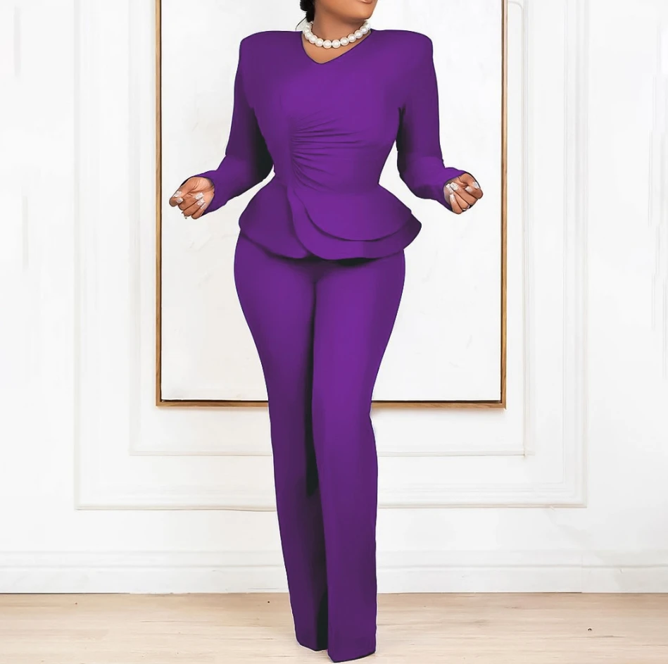 Pants Set 2024 Women's Spring Summer Fashion Solid Color Elegant Style Ol Ruffle Edge V-Neck Top and Pants Two Piece Set