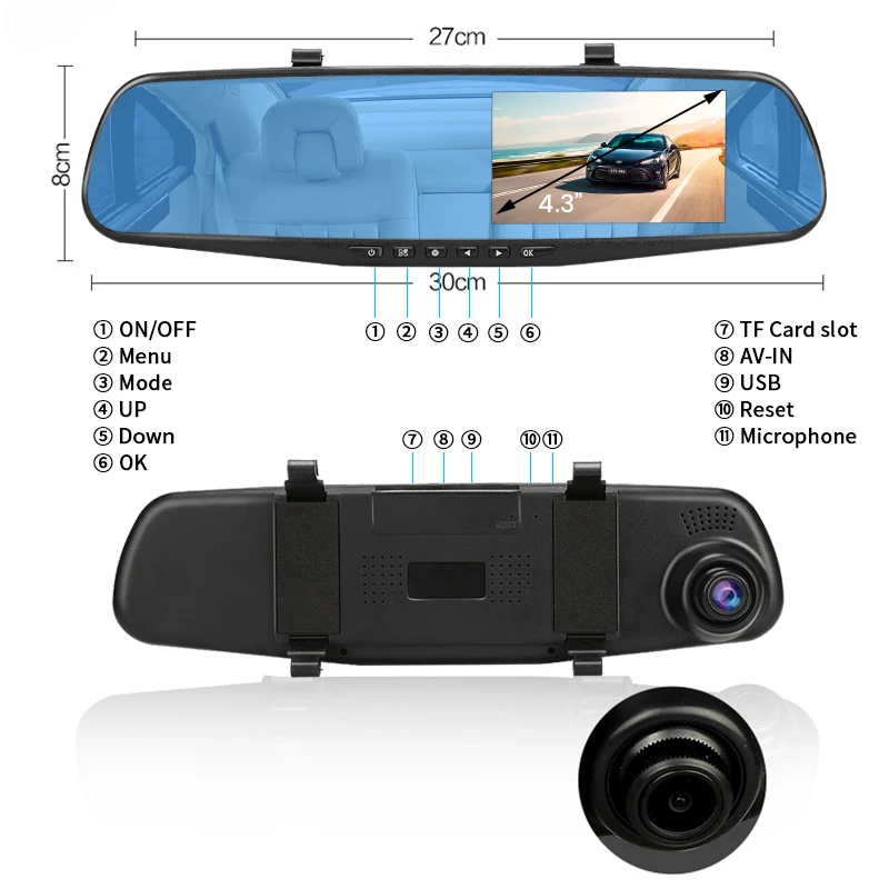 DashCam per auto da 4,3 pollici Immagine di retromarcia HD Supporta il monitoraggio del parcheggio 24 ore su 24 DVR per auto Telecamera per retromarcia 1080P opzionale - immagine 5