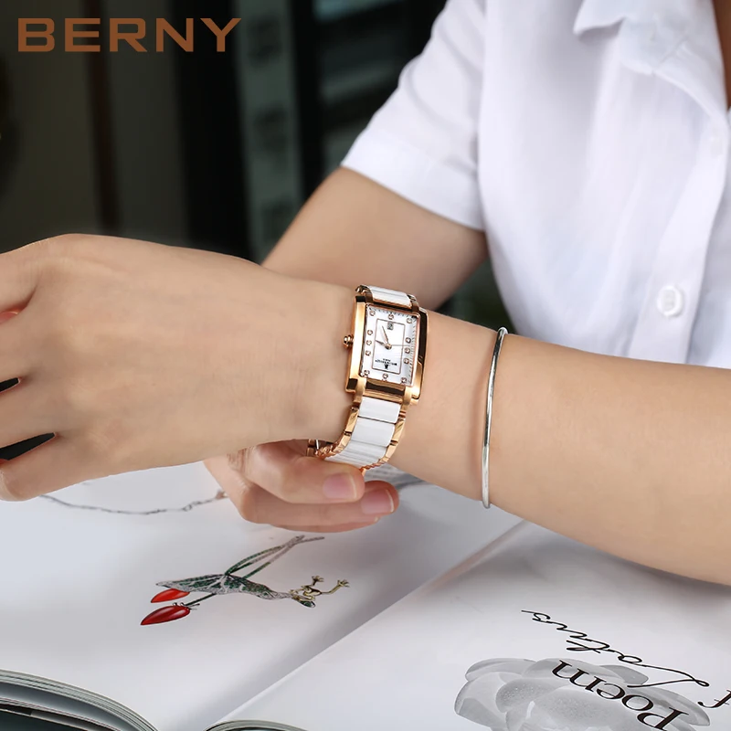 BERNY Women Watch Quartz Ceramic Bracelet Butterfly Buckle Waterproof Fashion Gold Female Clock Relogio Feminino Birthday Gift