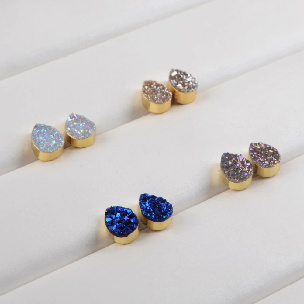 

5PCS Hot Sale Water Drop Druzy Small Stud Earrings Dazzling Natural Agate Stone 18K Gold Plated Earring For Women Jewelry Gifts