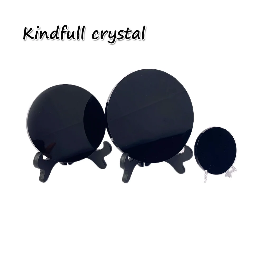 

Зеркальная полированная круглая тарелка Природный кристалл обсидиан гадания для дома Fengshui Декор подарки с подставкой