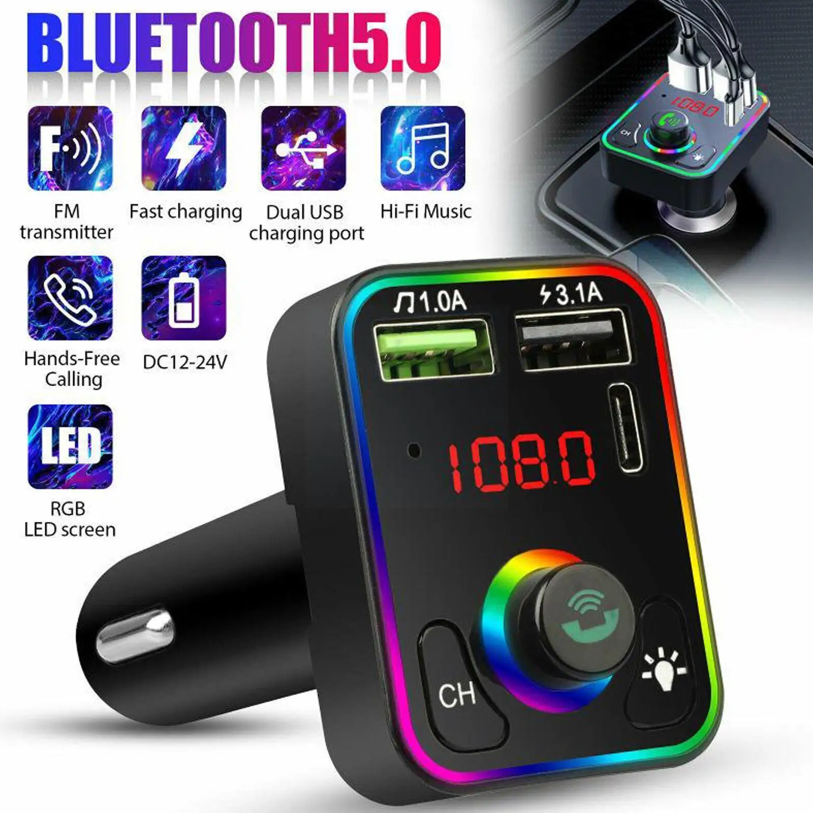 

Handsfree LED Car FM Transmitter Bluetooth-Compatible 5.0 MP3 Car Player Adapter Charger BT/U Type-c PD Kit Audio Fast disk K3O5