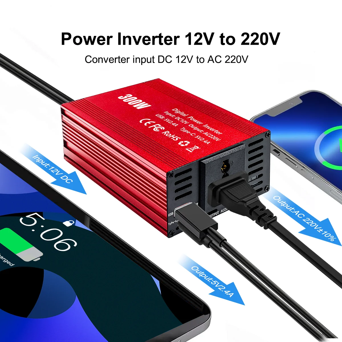 Inversor de corriente para coche, enchufe europeo de onda sinusoidal pura de 300W, DC12V a AC 220V 50hz, 5V 2.4A, puerto USB, adaptador de voltaje de carga rápida