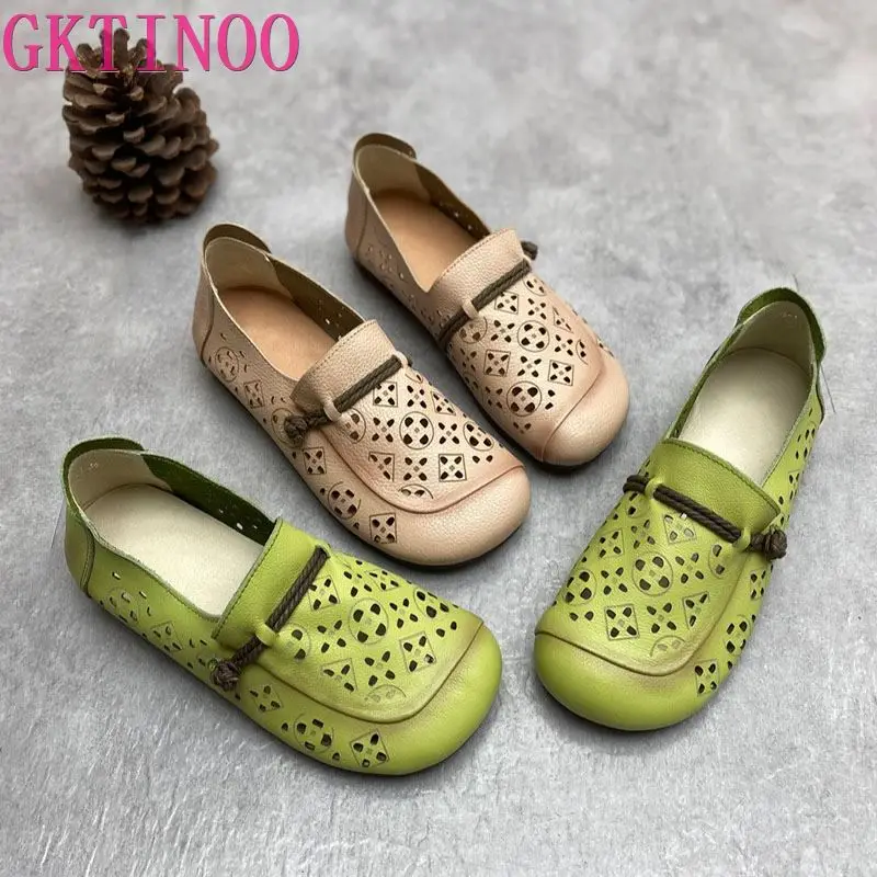 

GKTINOO Retro Nostalgia Summer Leather Flat Women's Shoes Cowhide Hollowed Out Breathable Women Sandals