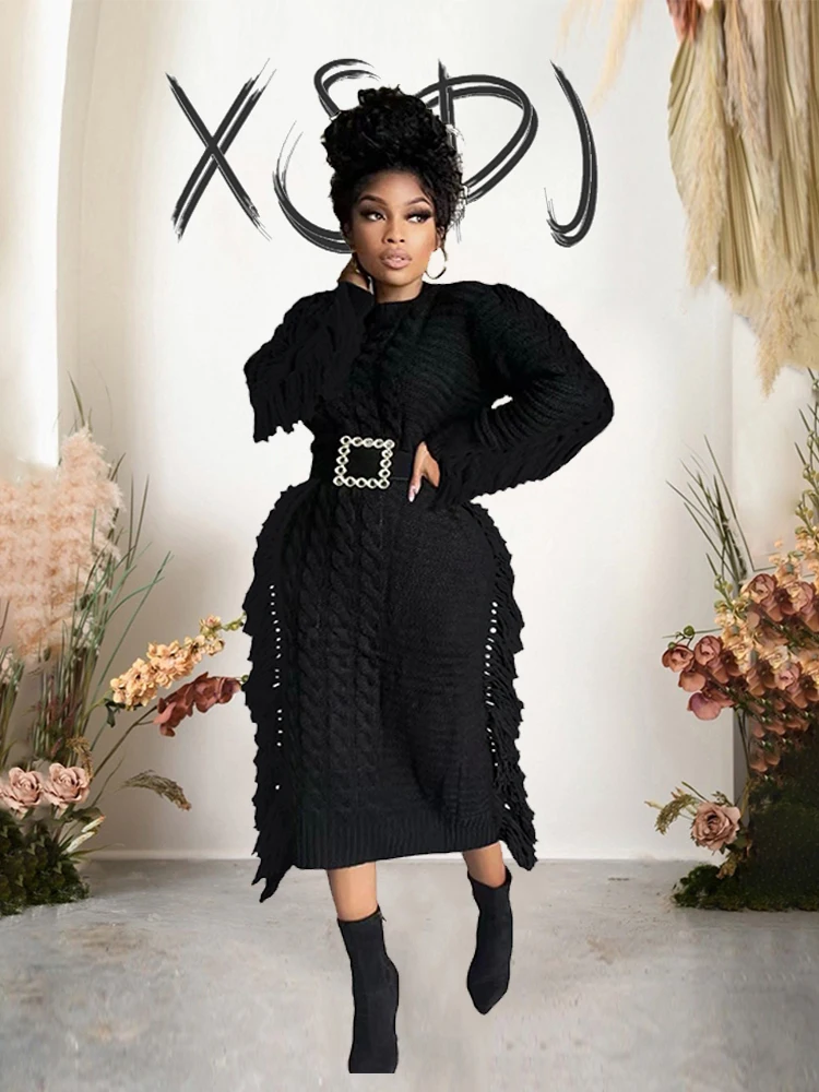 

Knitted Dresses Woman Winter Casual Cute Christmas Sweater Dress with Tassel Thick Warm Long Dress Wholesale Dropshipping