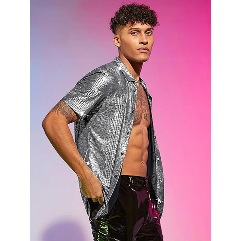

2024 Men's Formal Shirt Sequin Button Up Shirt 70s Disco Party Stage Performance Cosplay Costume