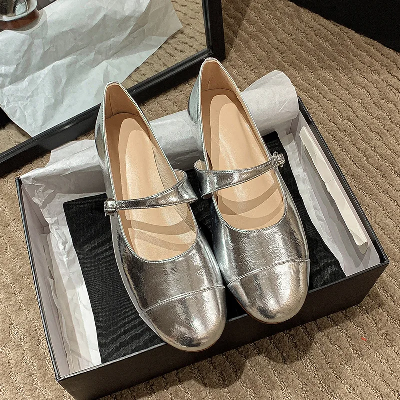 

Vintage Silver Mary Janes Women Leather Shoes 2023 Spring & Autumn Flat Zapatos Round Head Shallow One Line Buckle Single Shoes