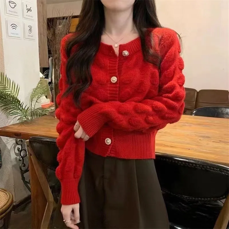 

Autumn Winter Clothes Solid Sweater Soft Jacket Coat Korean O-Neck Knitted Cardigan Sweater for Women Age Reducing Top 28803