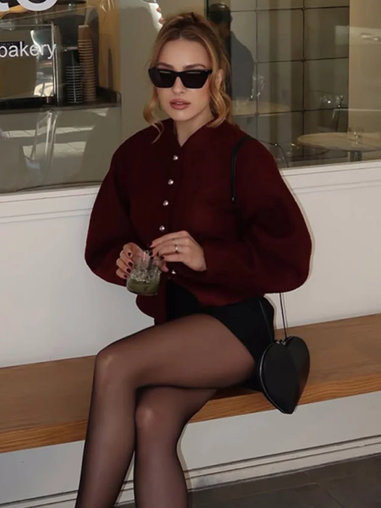 Fashion Solid Women Single Breasted Wool Coat Elegant Round Neck Long Sleeves Slim Short Jacket 2025 New Female Office Overcoat 3