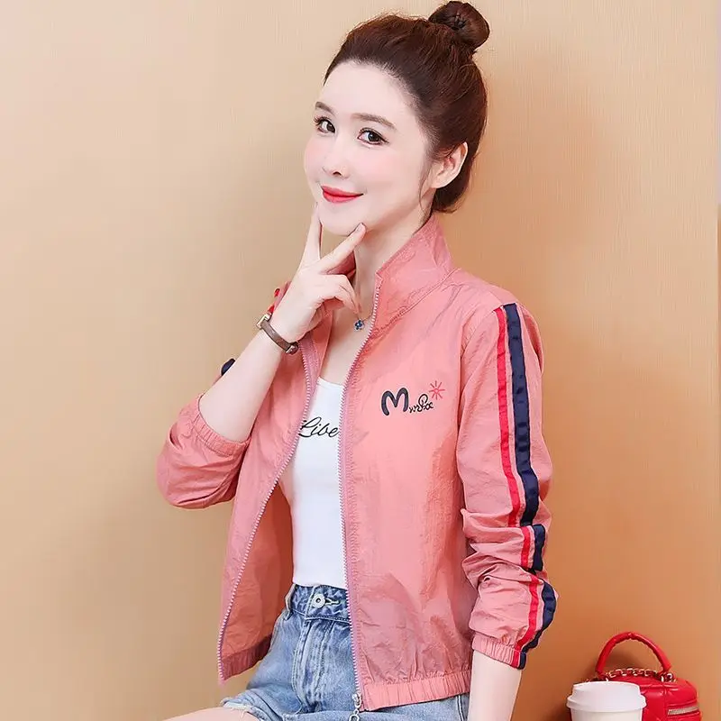 Women Zipper Sweatshirt Summer Sunscreen Clothing Short Coats Long-sleeved Lightweight Jacket New Lapel Collar Print Patchwork