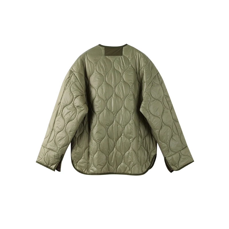 Description Picture 6 of itemSolid Quilted Jackets Women 2025 Autumn Fashion O-neck Single Breasted Pocket Coats Female Long Sleeve Casual Lady Chic Outerwea