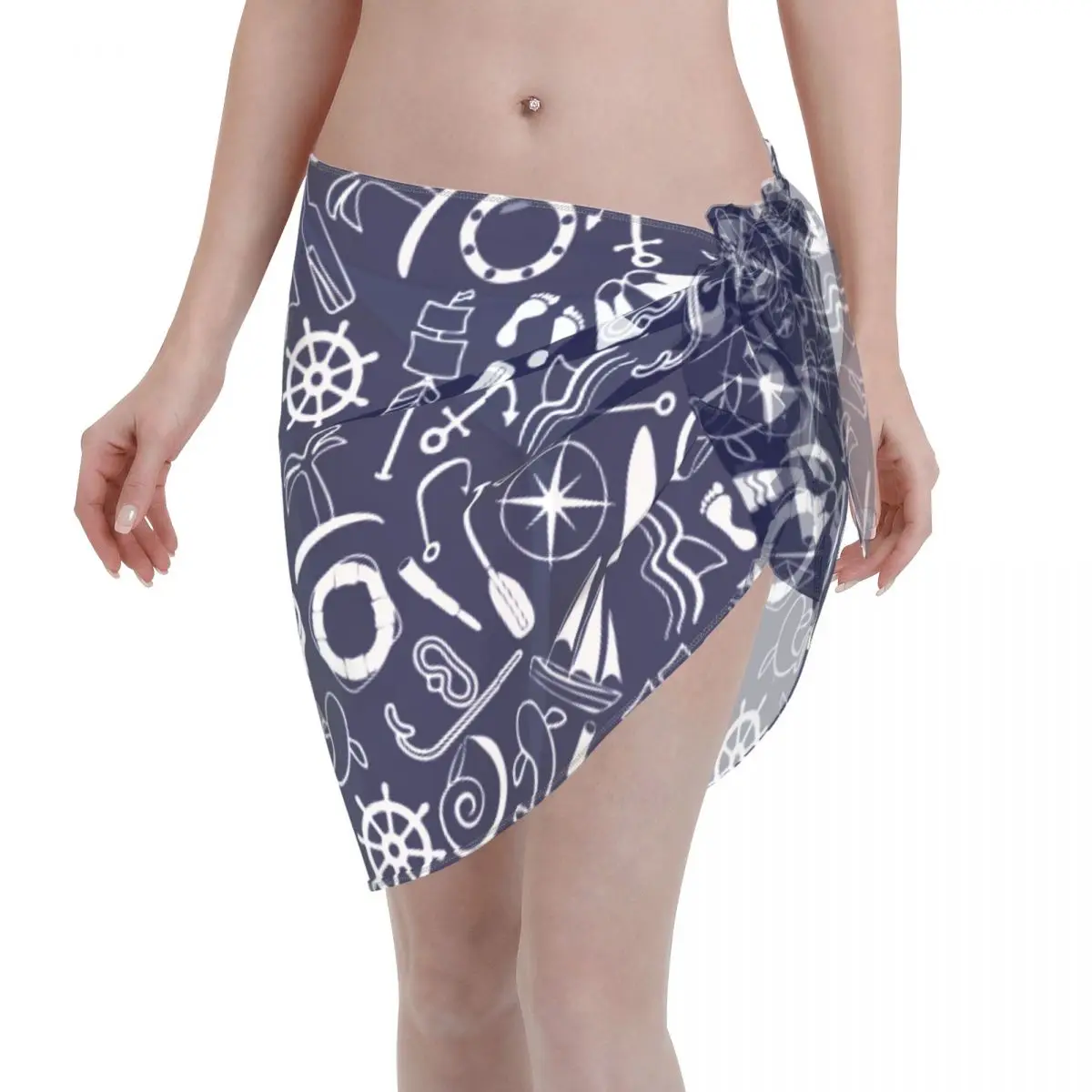 Women Chiffon Swimwear Pareo Scarf Nautical Vintage Navy Beach Cover Up Wrap Sarong Skirts Beachwear Swimsuit Bikini Cover-Ups
