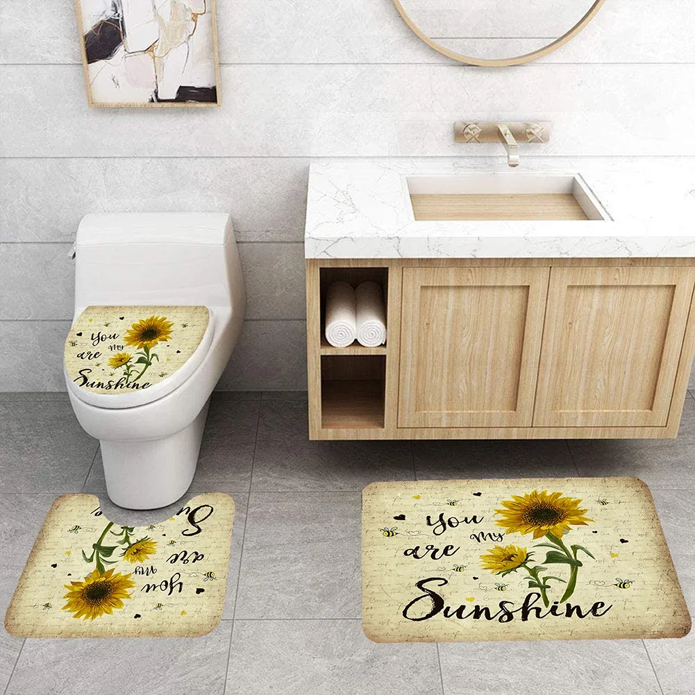 4pcs Set Doormat Shower Curtain with Non-Slip Rugs Toilet Seat Cover Bath Carpet Durable Waterproof Bathroom Home Entrance Decor