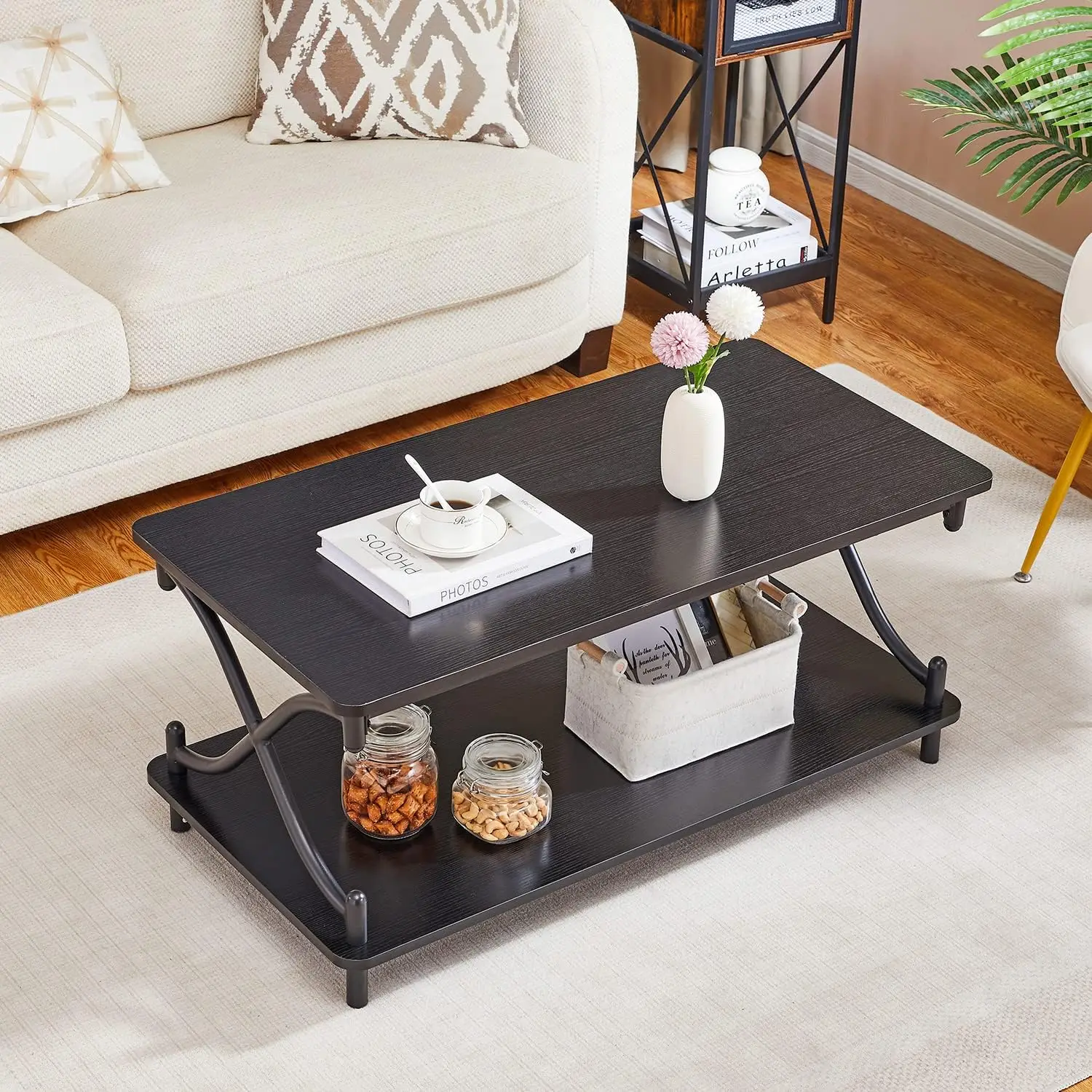 Coffee Table with Storage and Open Shelves for Living Dining Room, Modern Rectangle & Industrial Design, X-Shape Frame 6