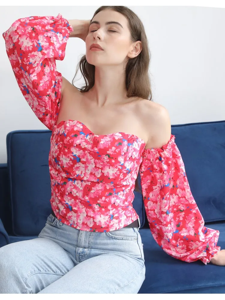 

One Shoulder Chest Wrap T Shirt Women Off Shoulder Sexy Color Flowers Printed Ladies Slim Camisetas 2023 Autumn New Y2k MsChuh