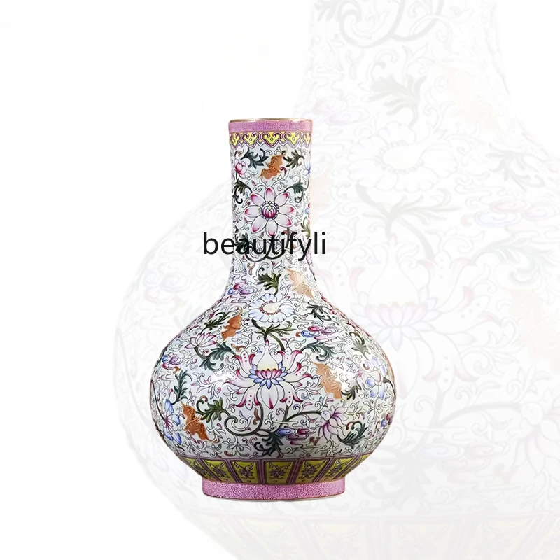 

Jingdezhen Ceramic VaseDecorationLivingRoom Hand-Painted New Chinese Style Imitation Pink Bat Pattern Twine Celestial Globe Vase