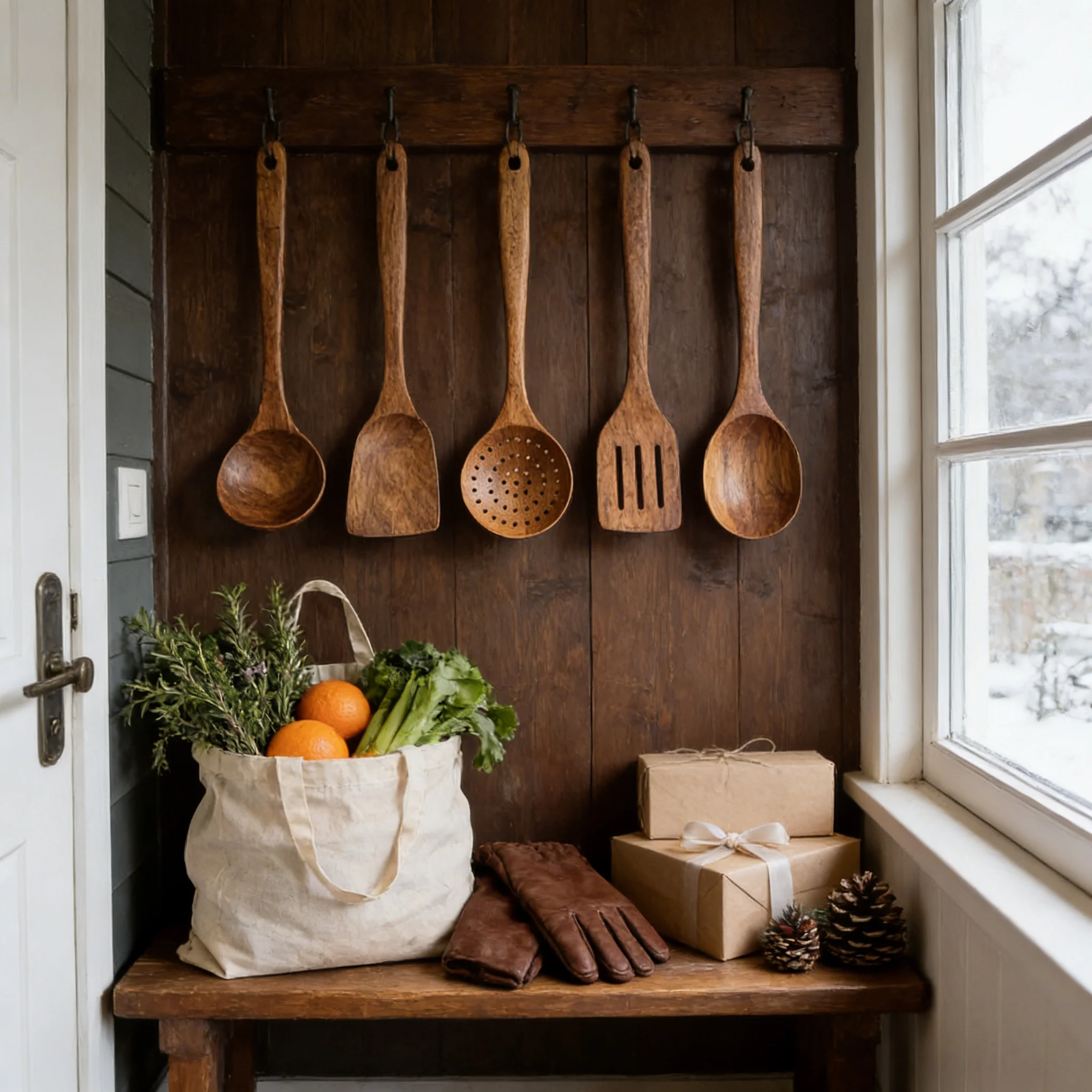 Complete Wooden Kitchen Set, 5 Utensils - Durable & Multiple Sizes (Up to 13.3in) for Christmas Feast Prep and Everyday Use