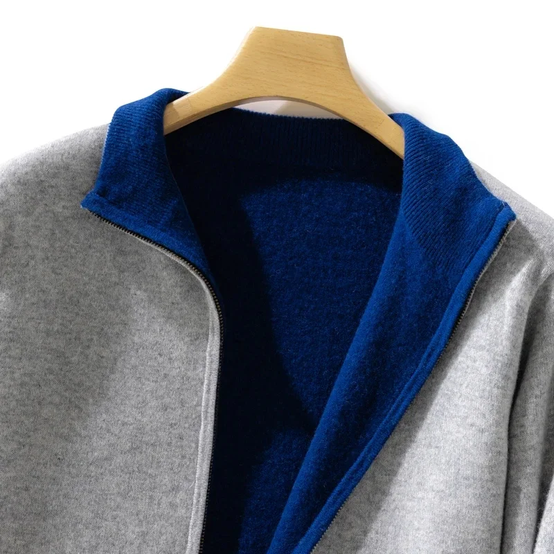 Autumn Winter New Thickened Cashmere Coat Men's Front and Back Standing Neck Zipper Cardigan 100%  Wool Knitted Jacket Top