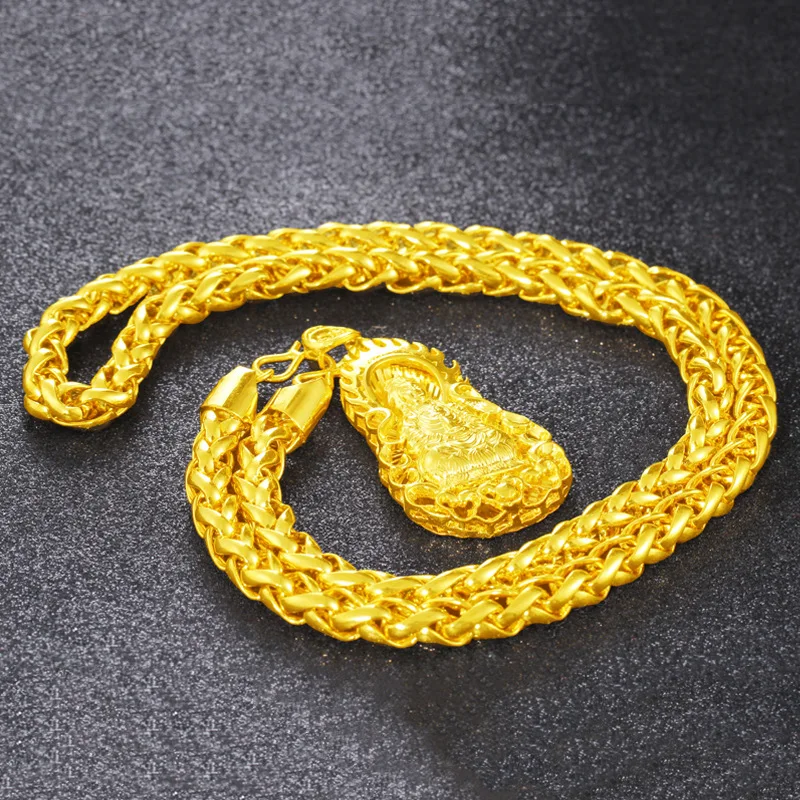 Classical 24K Yellow Gold Pendant Necklace for Women Men Buddha Guanyin Shape Pendant Gold Necklaces Chain Fine Jewelry Gifts