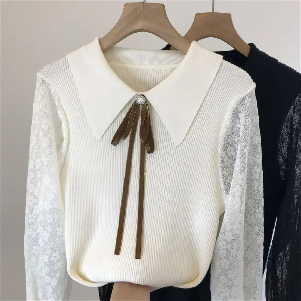 

French Elegant Sleeve Patchwork Lace Pearl Beaded Bow Lapel Knit Sweater Women Black Autumn Vintage Pullovers Korean Fashion