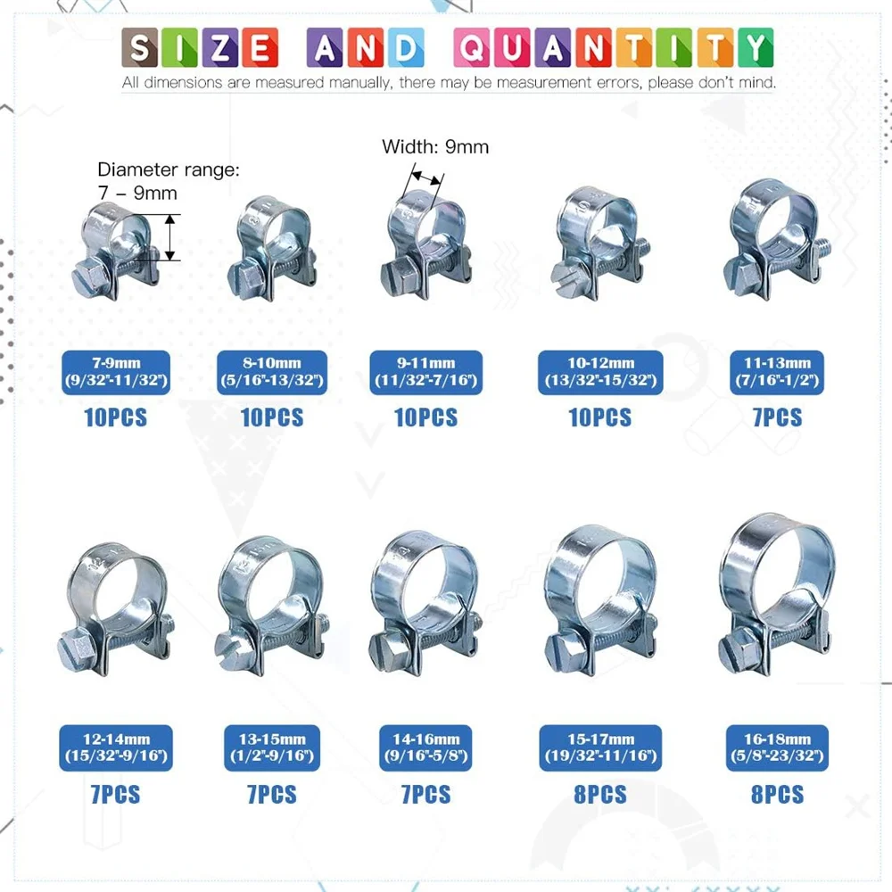 디젤 가솔린 파이프용 84Pcs 10 크기 미니 연료 분사 스타일 호스 클램프 구색 키트