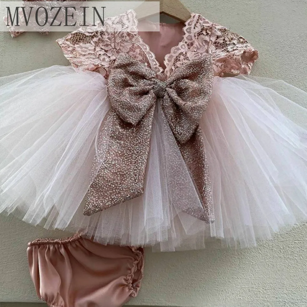 

Cute Lace Bow Flower Girl Dresses Puffy Pleated Tulle First Communion Dress Little Bride Dresses robe de princesse Birthday New