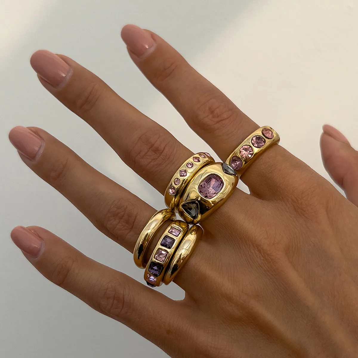 Elegant Purple Zircon Adjustable Ring Set - 6 Piece Gold Tone Jewelry
