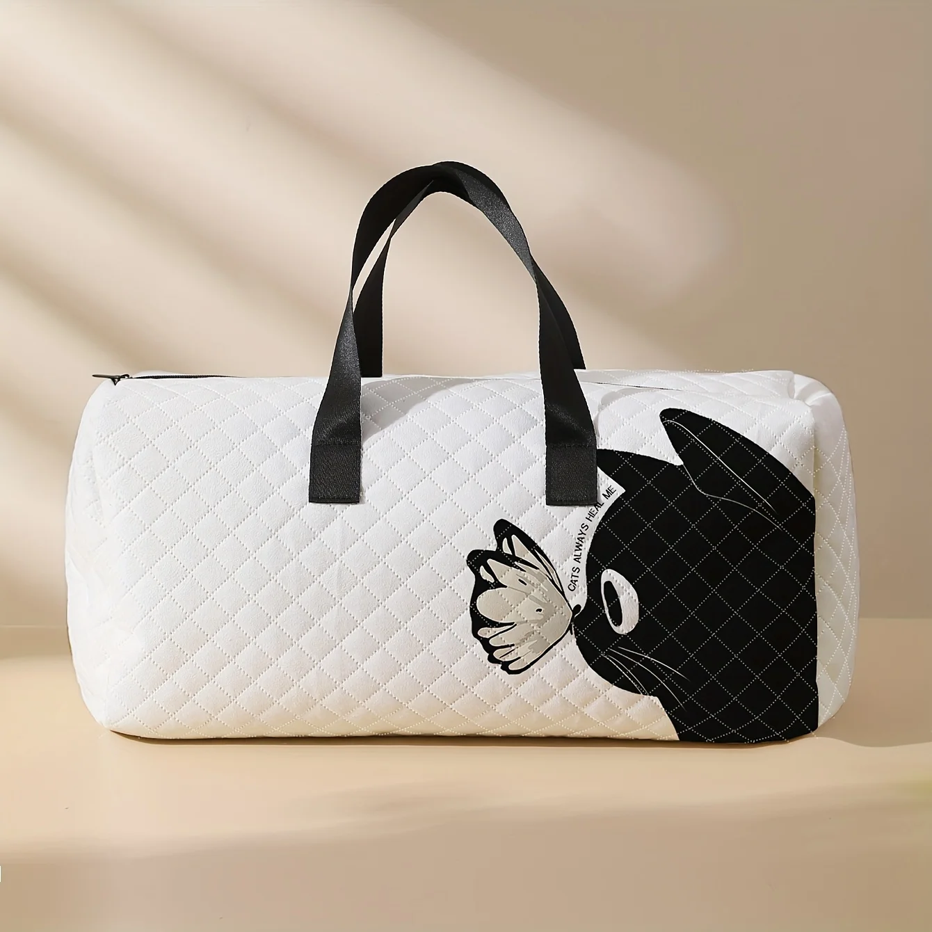 1pc，Kitten butterfly pattern printed handbag, diamond mesh large capacity travel case, portable fashionable travel bag