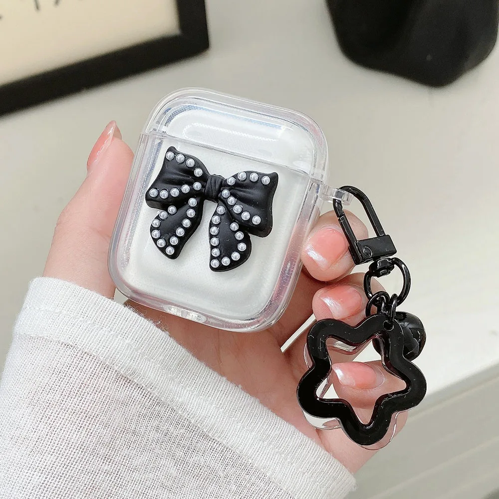 カノックスターへ AirPodspro Luxury Pearl Black White Bow Transparent Earphone Case Star