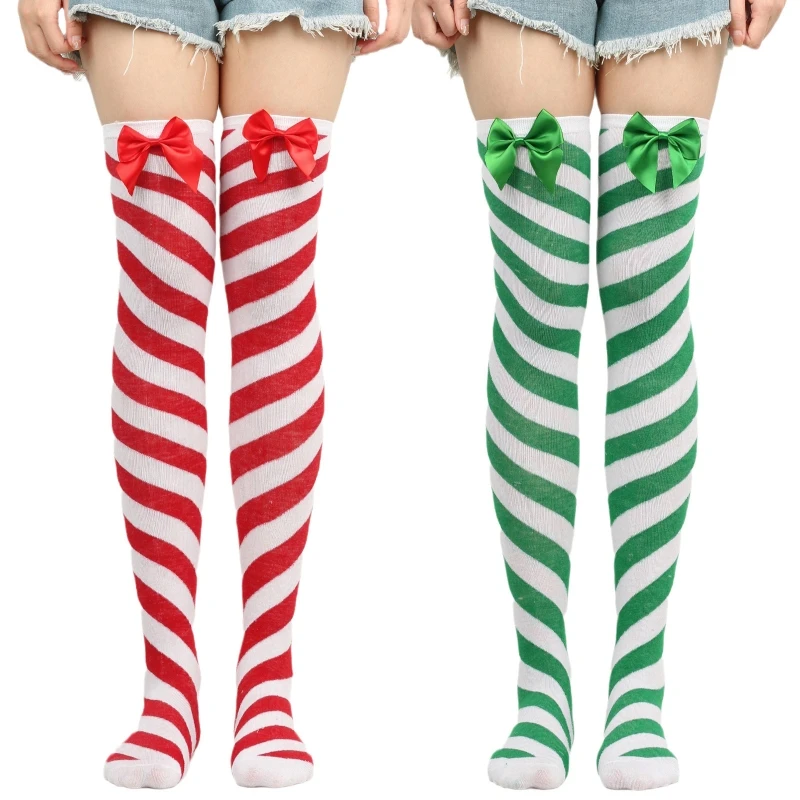 

Striped Stockings For Women Over The Knee Long Socks Christmas Green Red Bowknot Long Socks Female Leg Stocking