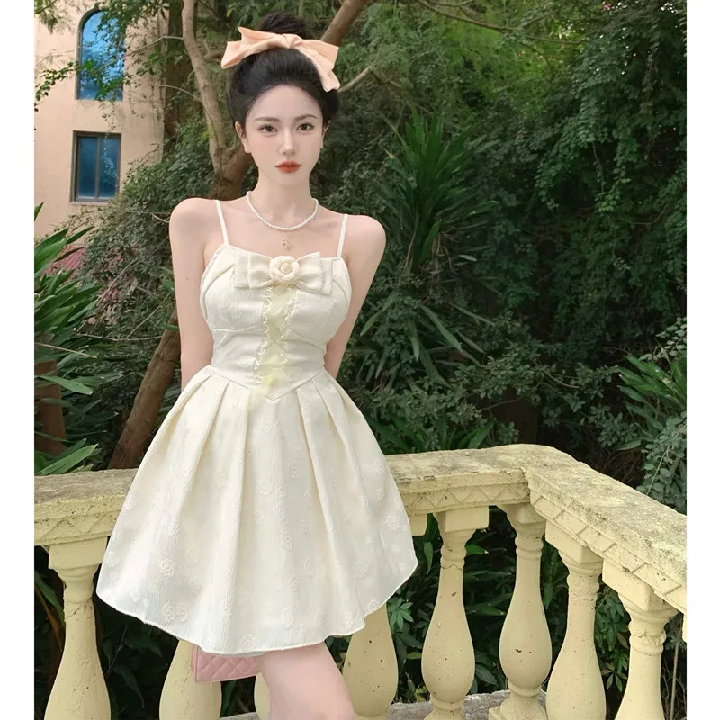 

2023 Dress New Summer Seaside Vacation With Elegant Jacquard Bow Tie Strap Free Shipping