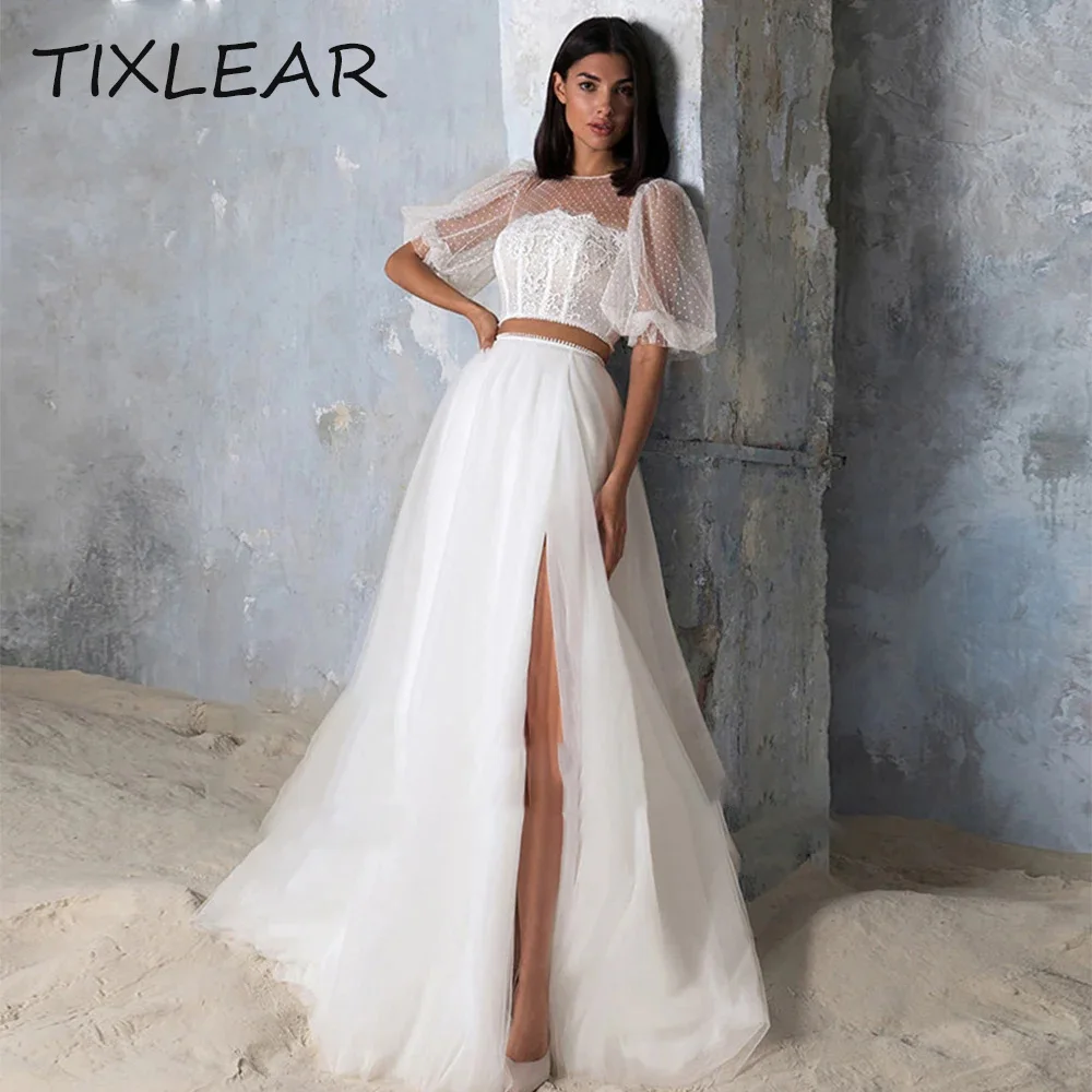 

TIXLEAR A-line Wedding Dress Two Pieces Side Slit Lace BOHO O-Neck Half Sleeves Covered Button Bridal Gown فستان حفلات الزفاف