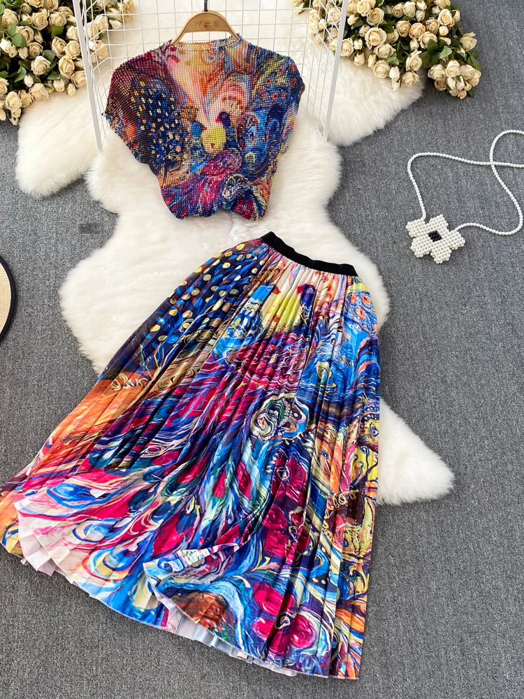 

Women Printed Two Piece Sets Summer Vintage Short Sleeve Shirt Top and Slim A-line High Waist Long Skirts Elgeant Pleated Suits