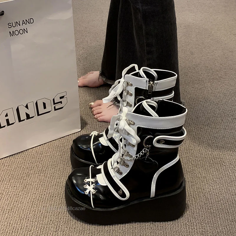 

New Gothic Street Ankle Boots Women Platform High Heels Buckle Girl High Top Shoes Female Punk Lolita Cosplay Shoes Martin Shoes