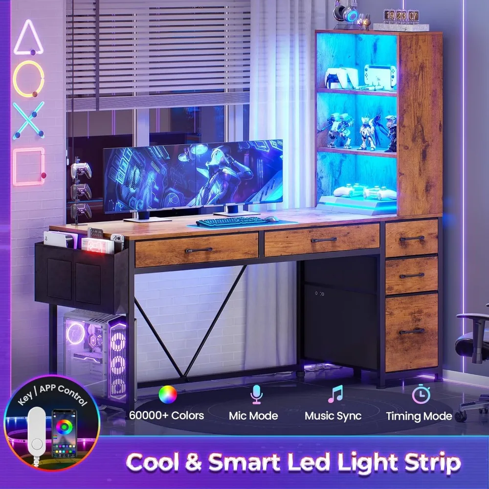 Computer Desk with 5 Drawers and Bookshelf, Reversible Home Office Desk with Storage Shelves and File Drawer, Gaming Desk 4