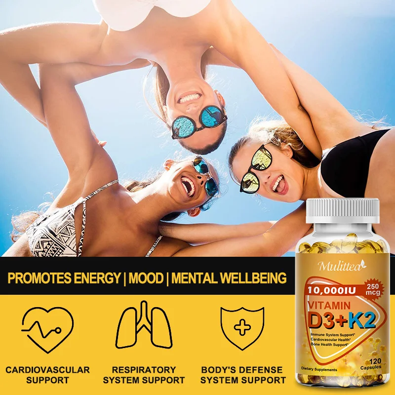 Mulittea Vitamin D3+K2 Capsule for Regulate Calcium Metabolism Bone & Heart & Immunity System Health Supplement