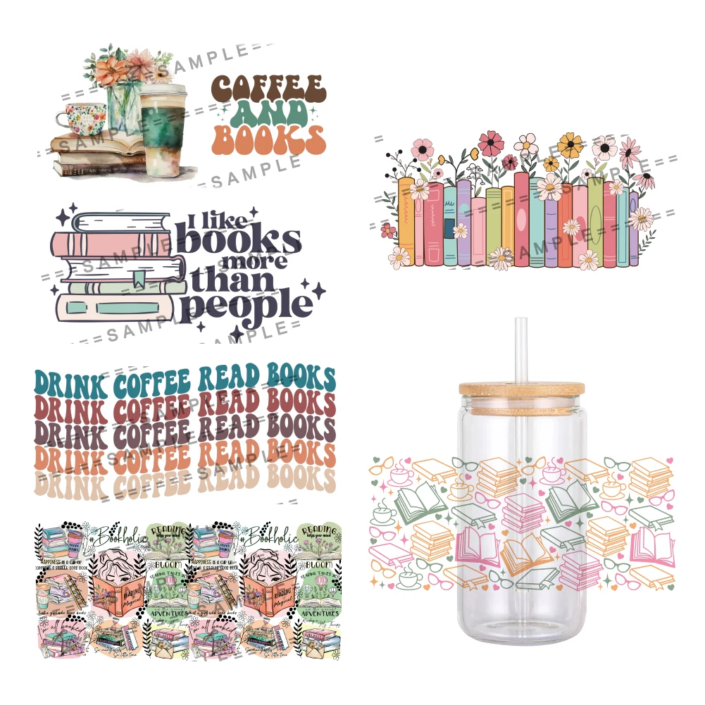 Lovely Coffee Books Pattern UV DTF Transfer Sticker Waterproof Transfers Decals For 16oz Glass Cup Wrap Stickers