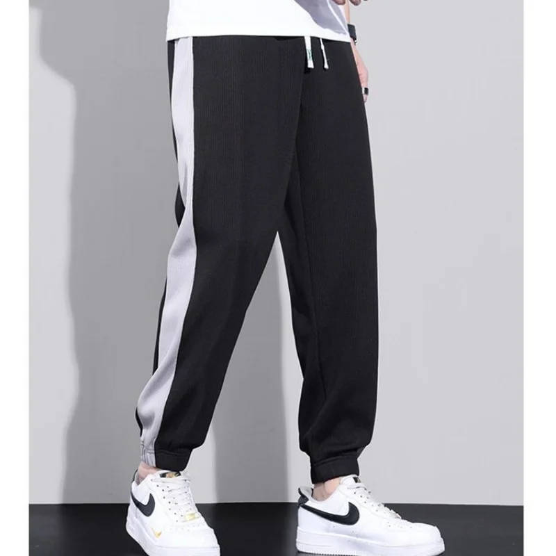 Versatile Street Thin Loose Breathable Sports Casual Pants Men's Trendy Pockets Patchwork Contrast Drawstring Straight Trousers