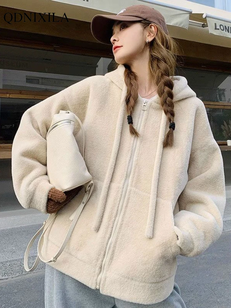

Autumn Winter Elegant Hooded Cardigan Plush Jacket for Women Fashion Loose Casual New Fleece Outerwear Korean Streetwear Clothes