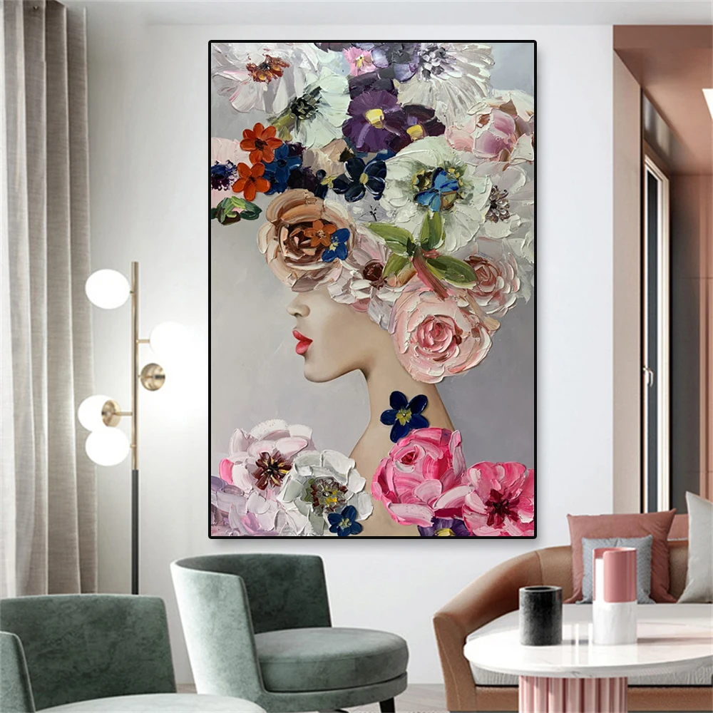 WomanArtOilPaintingPosterFlowerHeadPaintingonCanvas3DFlower