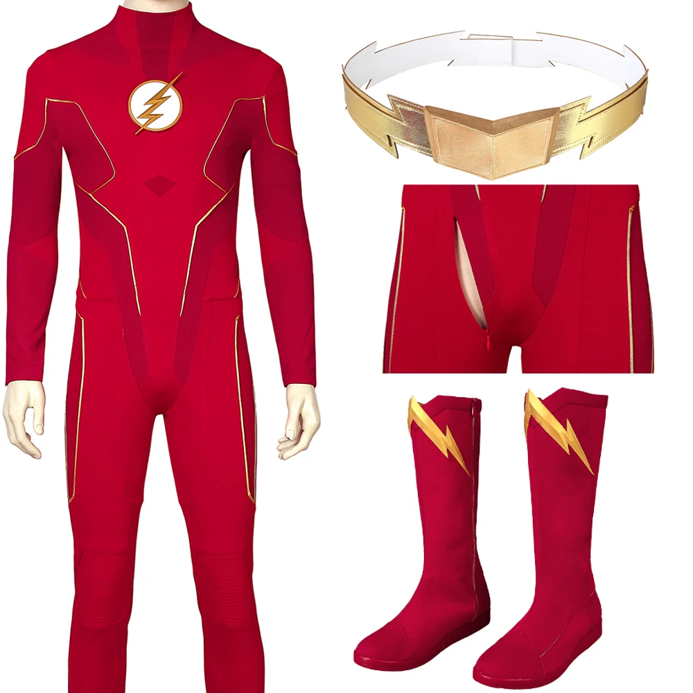 

Halloween Carnival Superhero Costume Barry Allen SE 6 Cosplay Outfit Detailed Boots Red Uniform With Cowl Chest Emblem