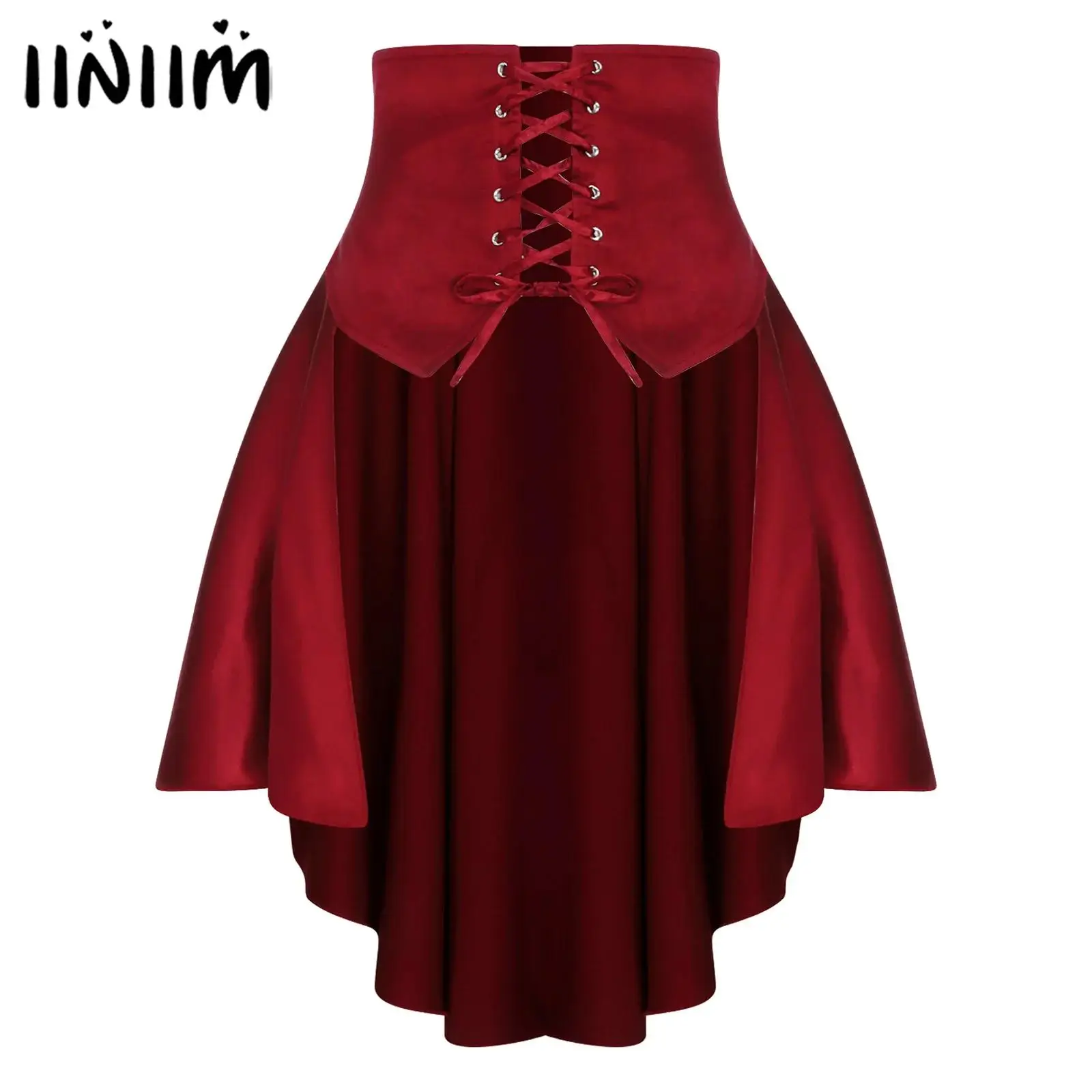 Womens Gothic Steampunk Satiny Pirate Skirt Front Lace-up Tiered Ruffled Irregular Hem Skirt Waist Belt Vintage Medieval Costume 1
