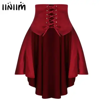 Womens Gothic Steampunk Satiny Pirate Skirt Front Lace-up Tiered Ruffled Irregular Hem Skirt Waist Belt Vintage Medieval Costume 1
