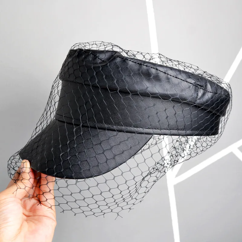 Spring and Summer Black PU Lace Veil Newsboy Caps Fmale Flat Top Black Mesh Letter Multiple Styles Fashion Hats cotton newsboy cap