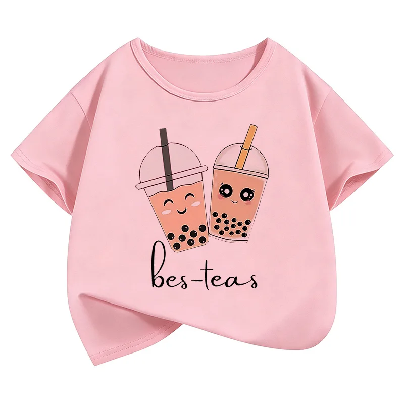 Whimsical Kawaii Tea Party Kids' Cartoon T-Shirt - Short Sleeve Casual Top