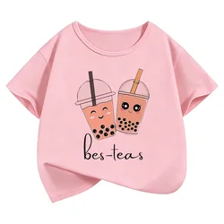Whimsical Kawaii Tea Party Kids' Cartoon T - Shirt - Short Sleeve Casual Top - 160 (PINK)